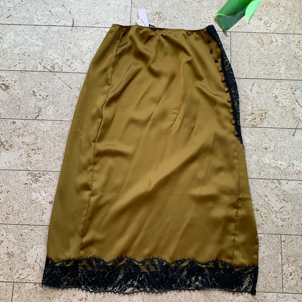 Victoria's Secret Olive Green Silky Slip Skirt with Black Lace Trim